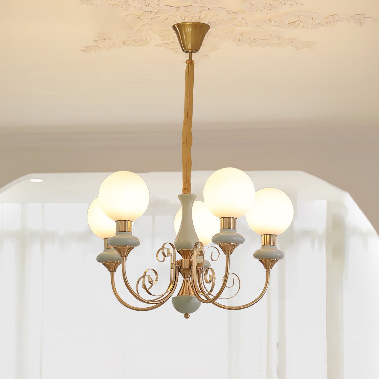 Aurorian Chandelier Green Shades Gold Curved Arms