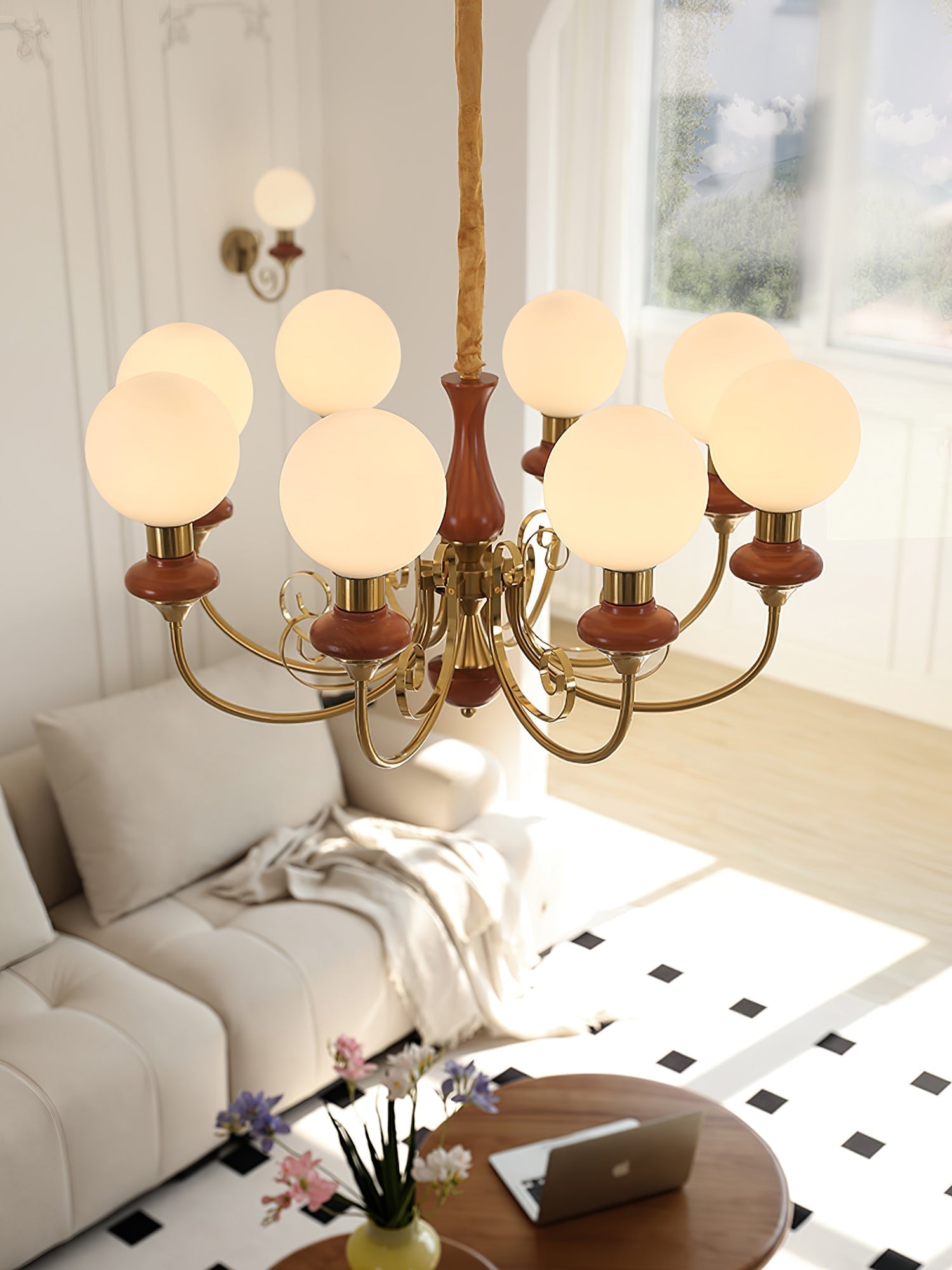 Aurorian Chandelier Green Shades Gold Curved Arms