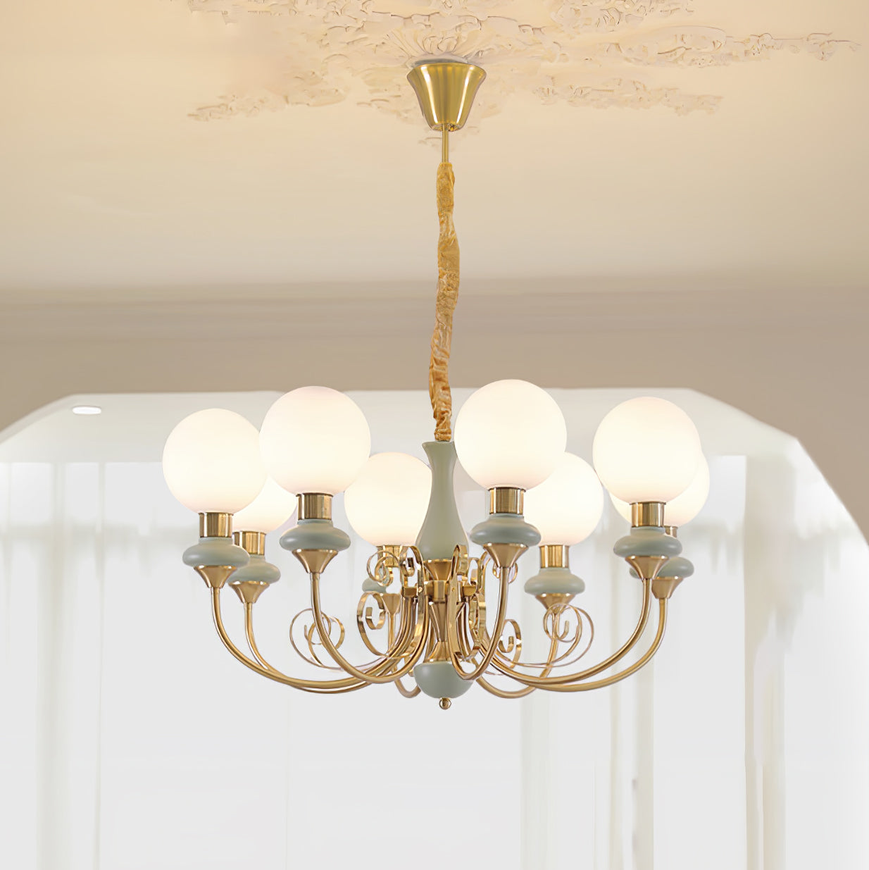 Aurorian Chandelier Green Shades Gold Curved Arms