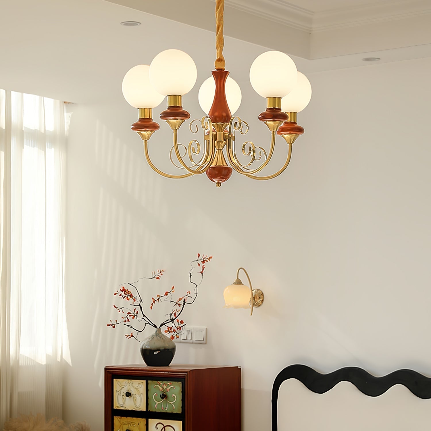 Aurorian Chandelier Green Shades Gold Curved Arms