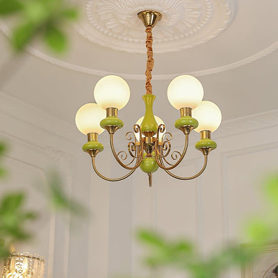 Aurorian Chandelier Green Shades Gold Curved Arms