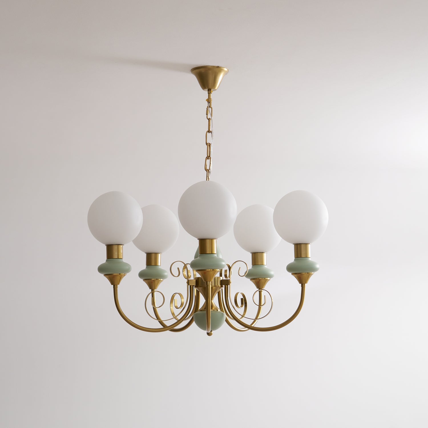 Aurorian Chandelier Green Shades Gold Curved Arms