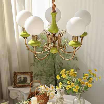 Aurorian Chandelier Green Shades Gold Curved Arms