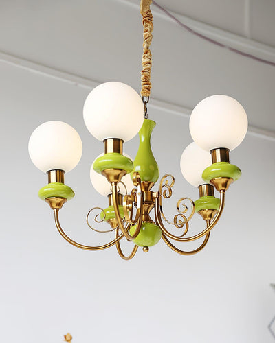 Aurorian Chandelier Green Shades Gold Curved Arms