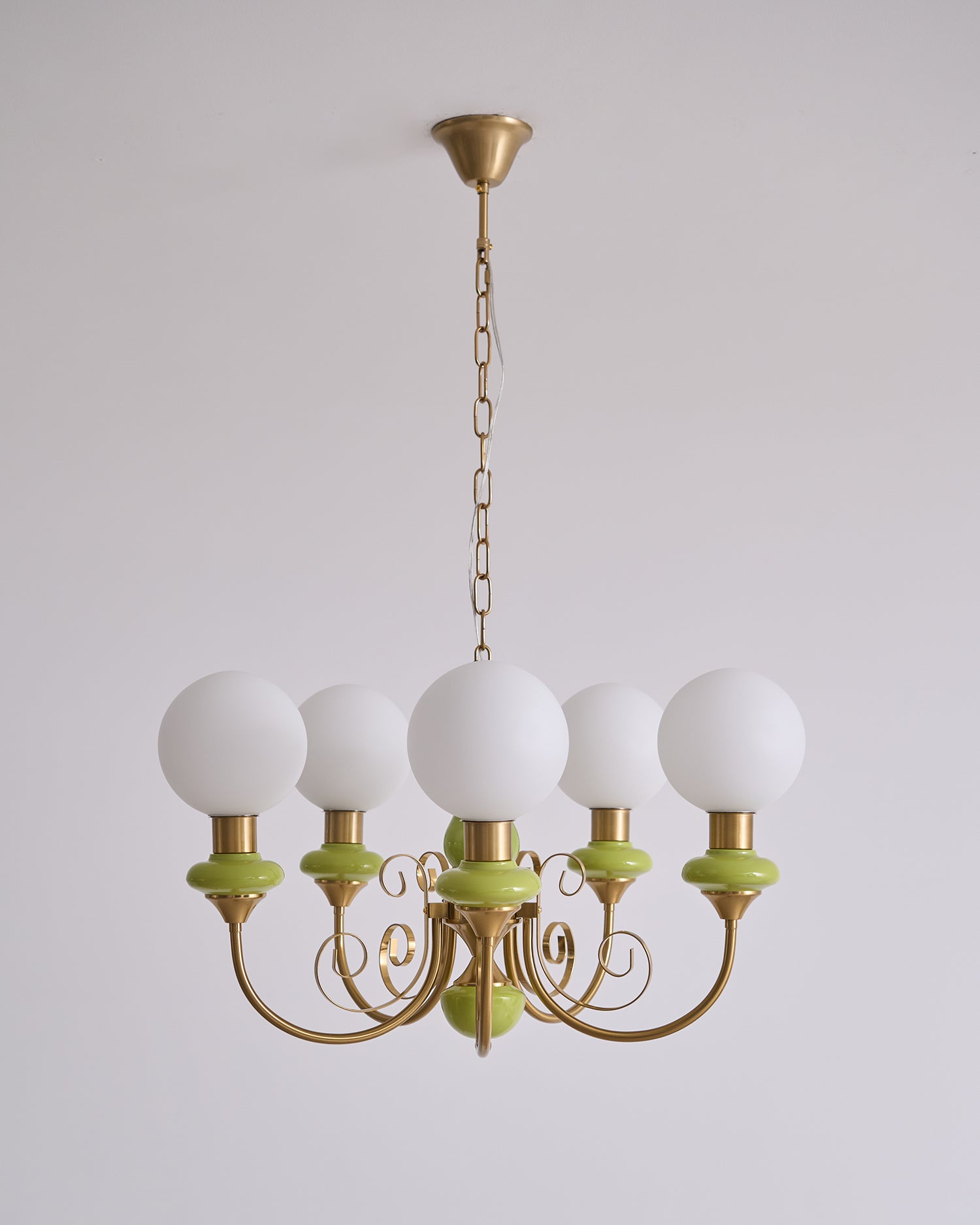 Aurorian Chandelier Green Shades Gold Curved Arms