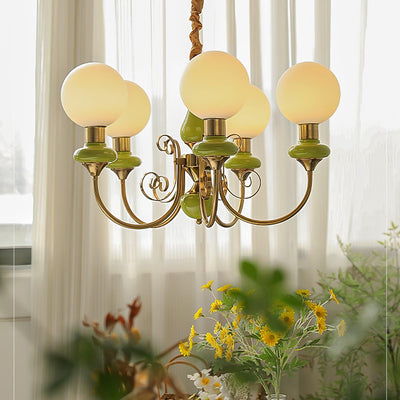 Aurorian Chandelier Green Shades Gold Curved Arms
