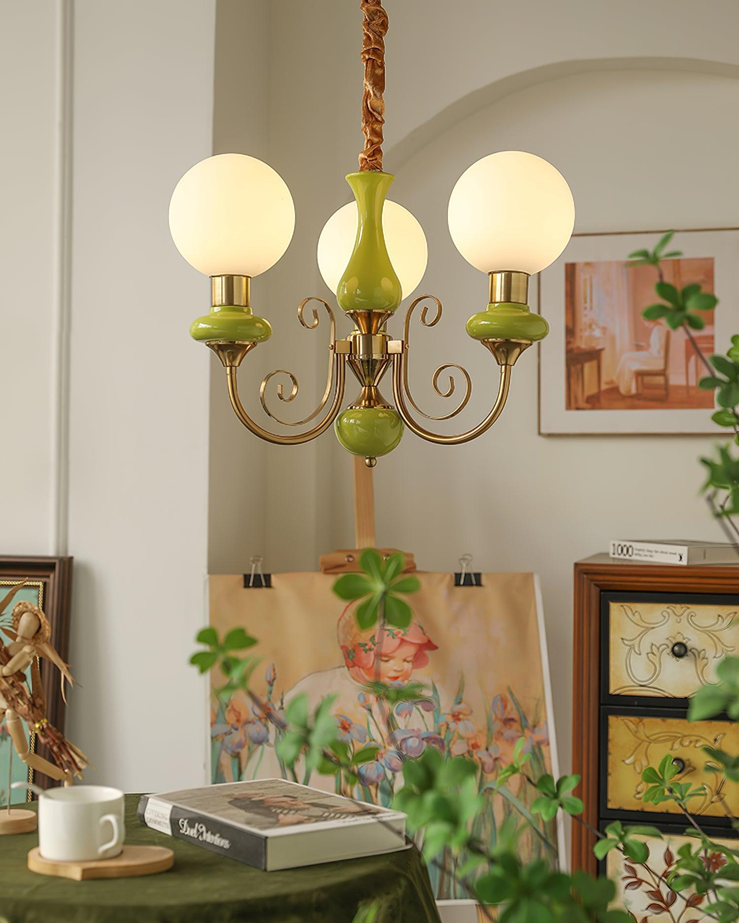 Aurorian Chandelier Green Shades Gold Curved Arms