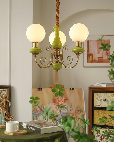 Aurorian Chandelier Green Shades Gold Curved Arms