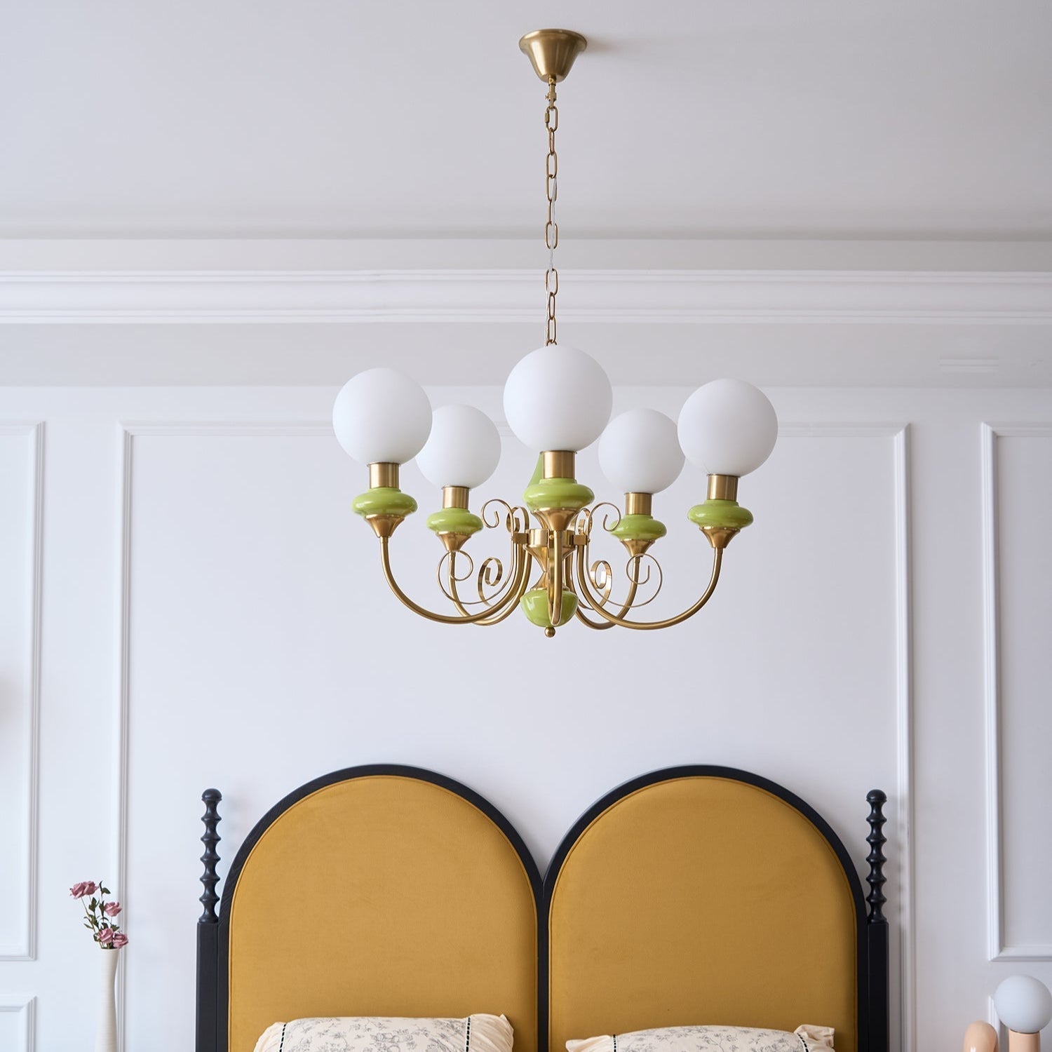 Aurorian Chandelier Green Shades Gold Curved Arms
