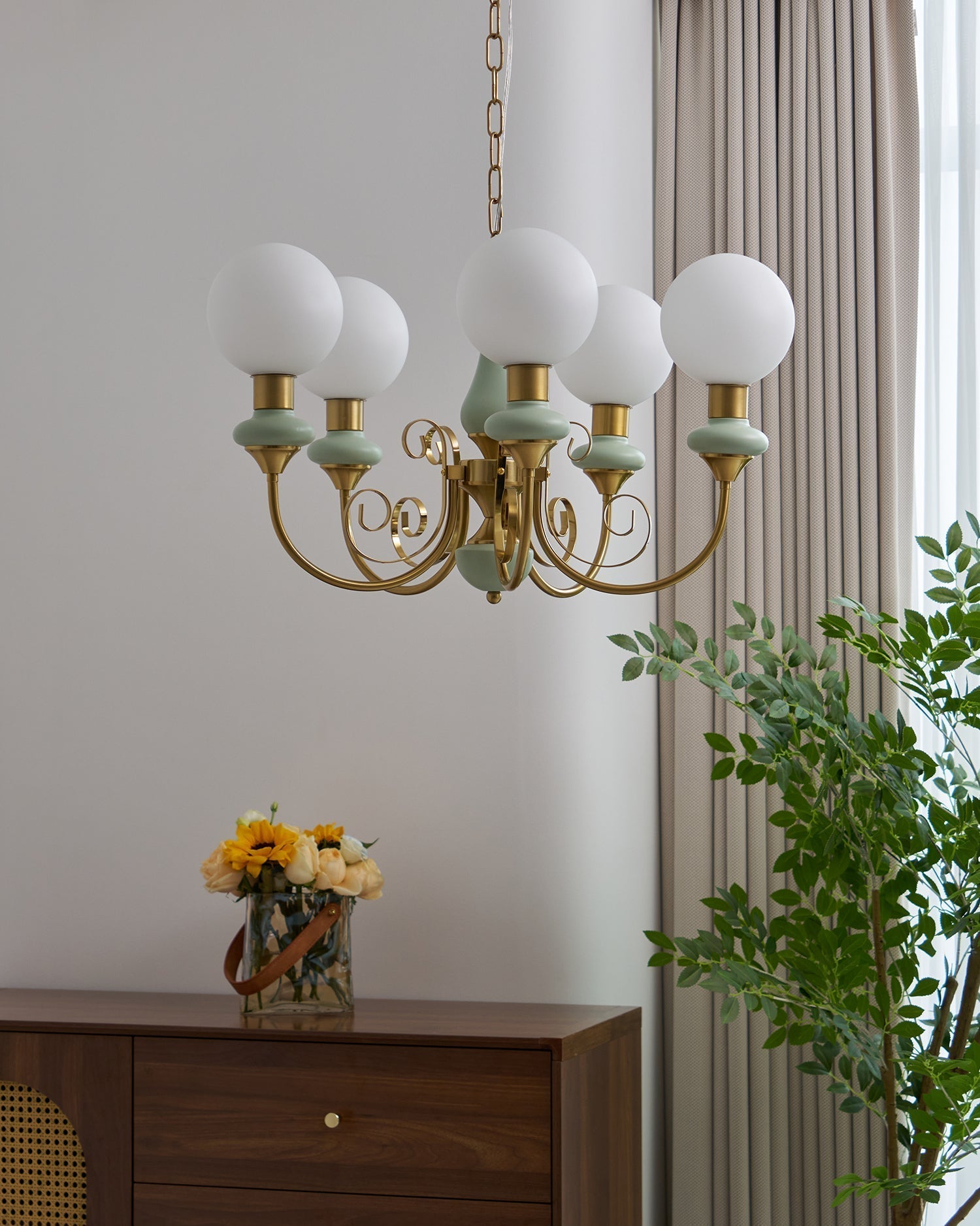Aurorian Chandelier Green Shades Gold Curved Arms