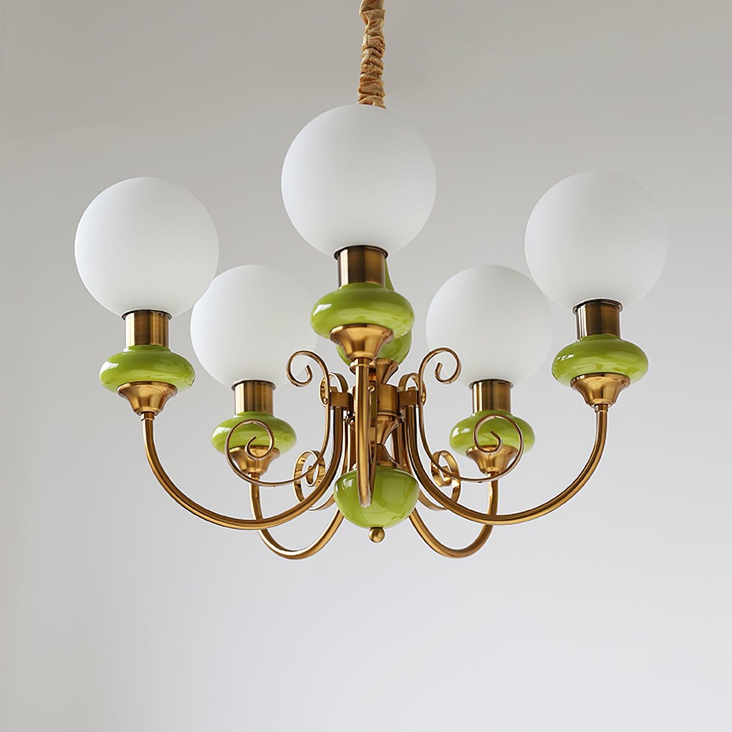 Aurorian Chandelier Green Shades Gold Curved Arms