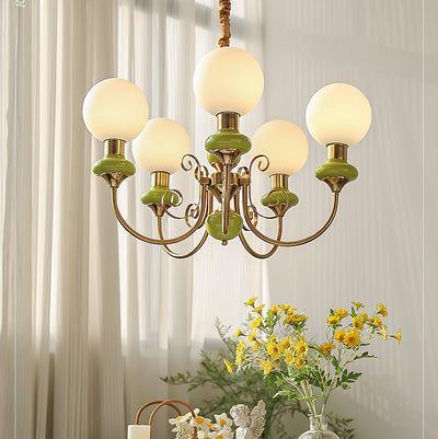 Aurorian Chandelier Green Shades Gold Curved Arms
