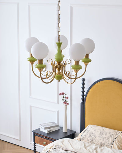 Aurorian Chandelier Green Shades Gold Curved Arms