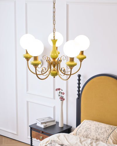 Aurorian Chandelier Green Shades Gold Curved Arms
