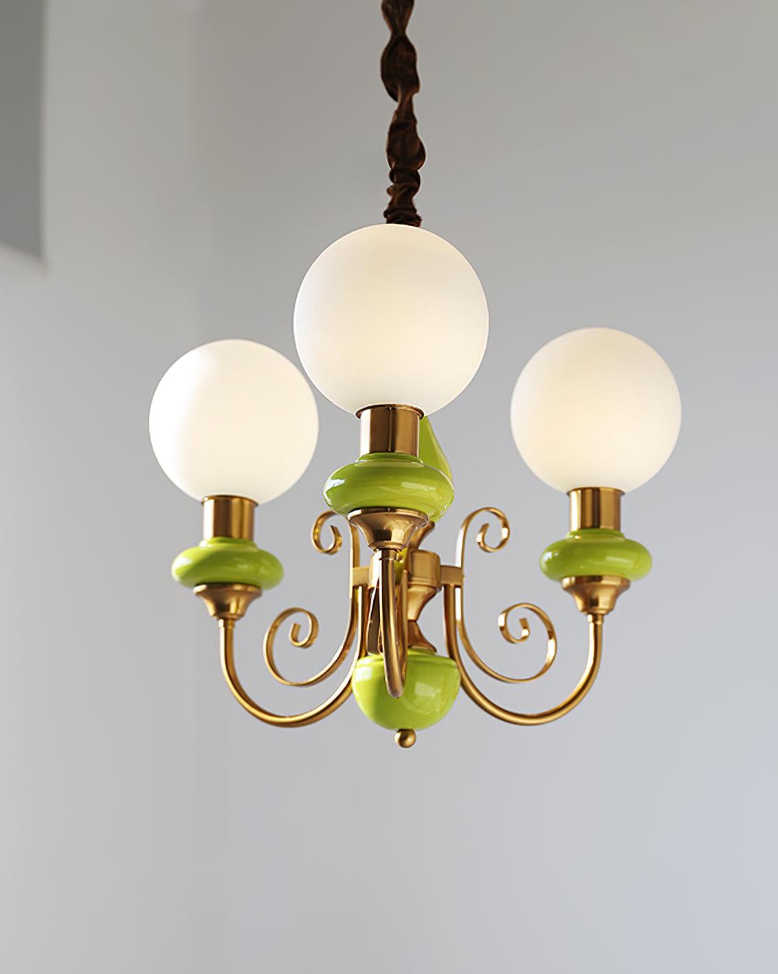 Aurorian Chandelier Green Shades Gold Curved Arms