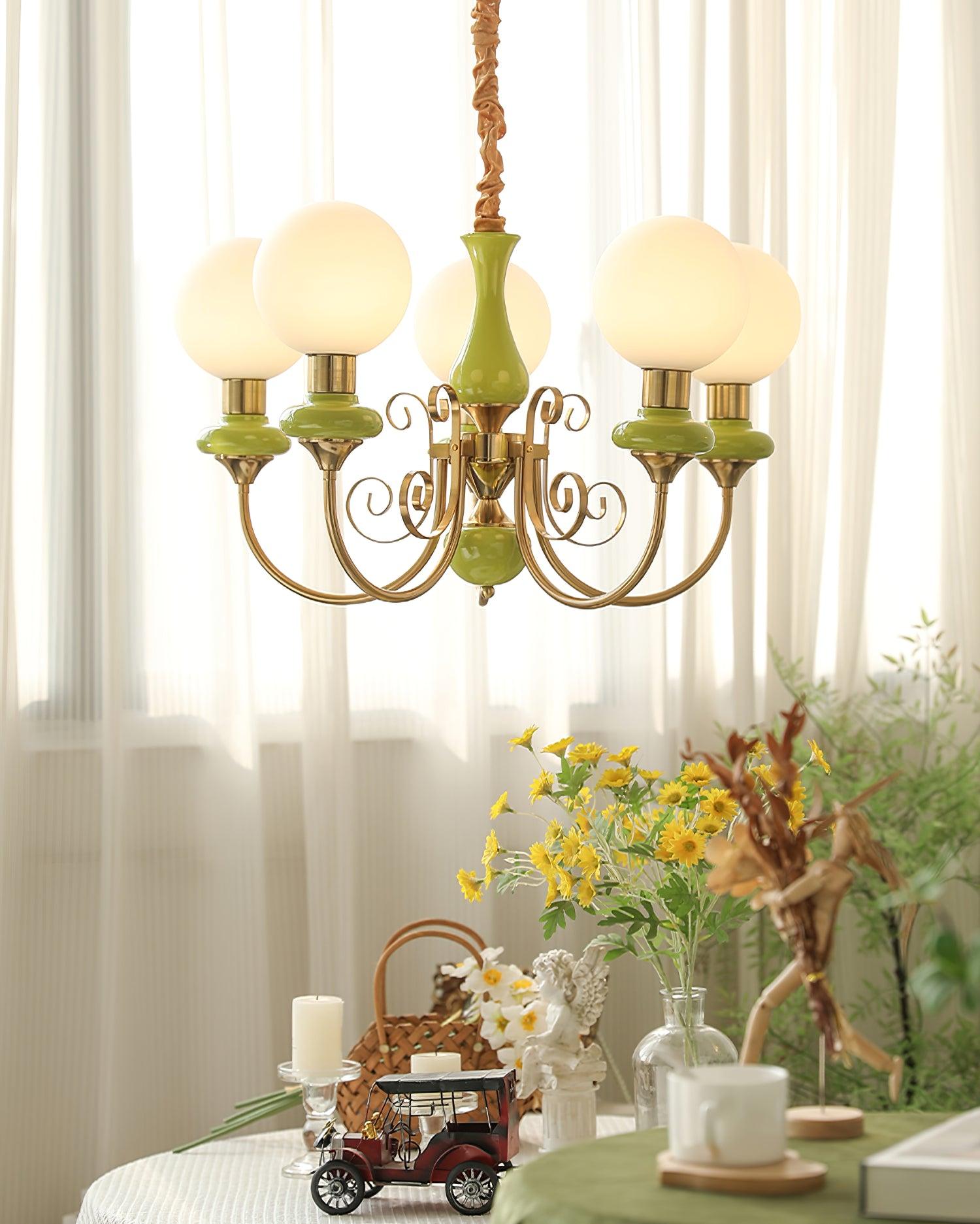Aurorian Chandelier Green Shades Gold Curved Arms