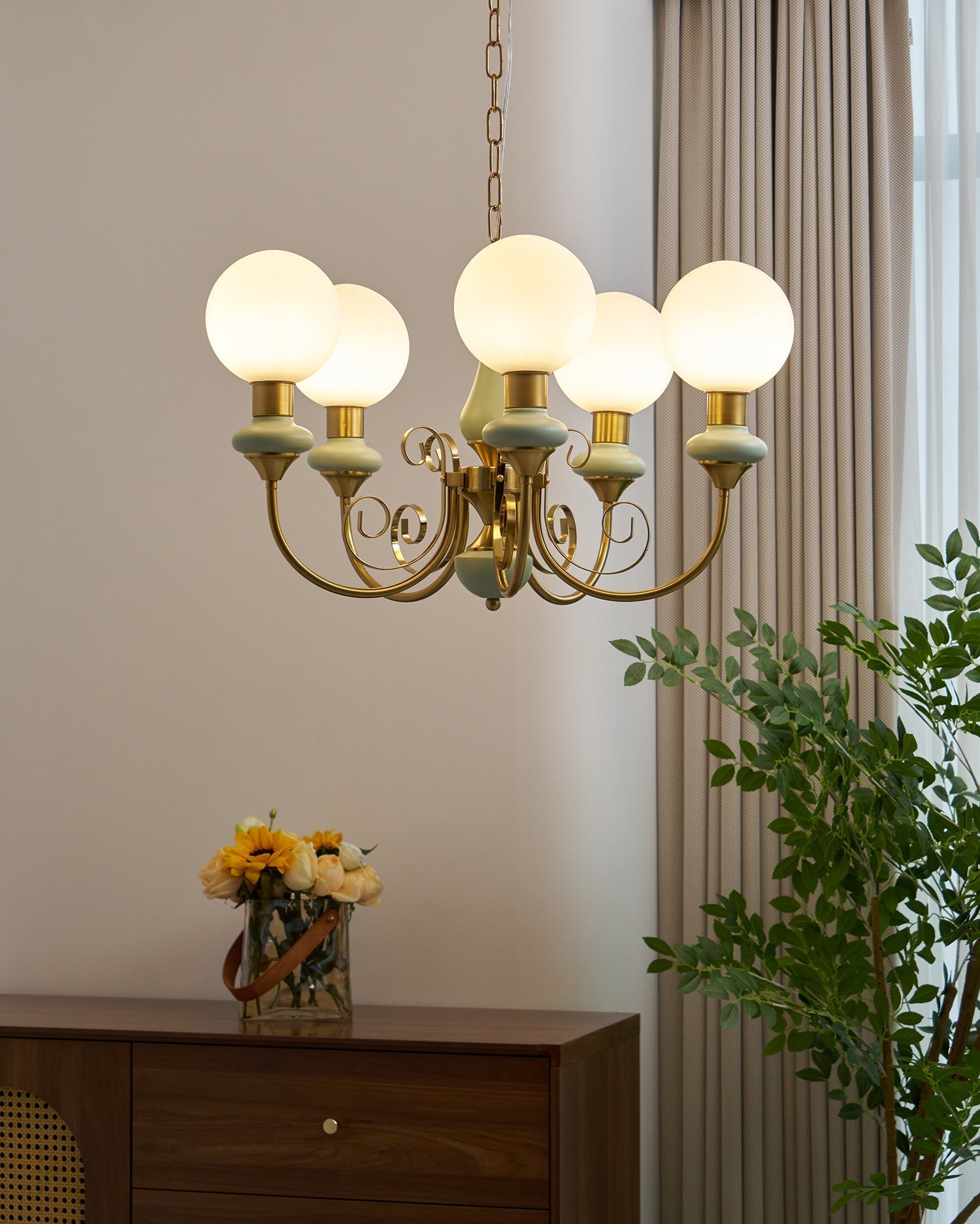 Aurorian Chandelier Green Shades Gold Curved Arms
