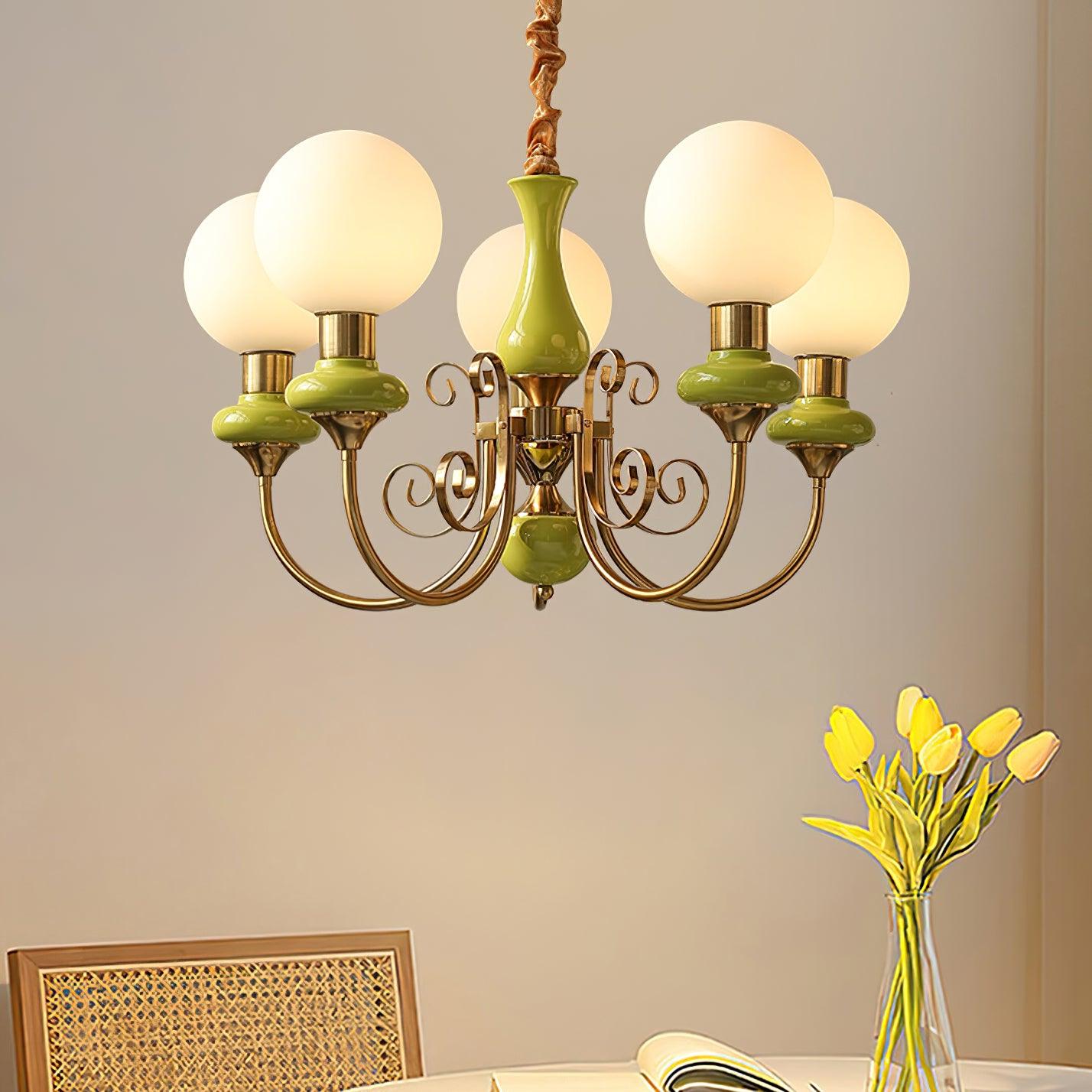 Aurorian Chandelier Green Shades Gold Curved Arms