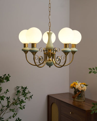 Aurorian Chandelier Green Shades Gold Curved Arms