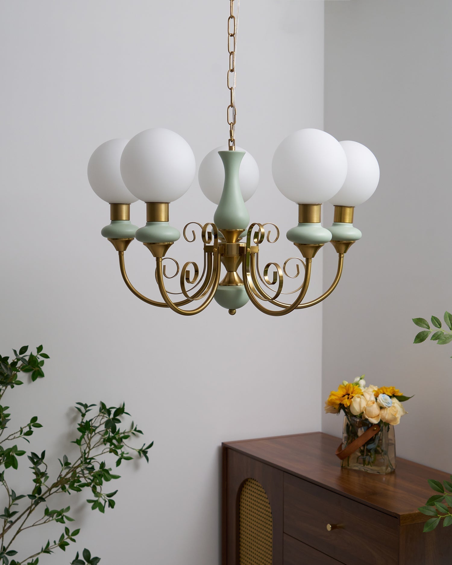 Aurorian Chandelier Green Shades Gold Curved Arms