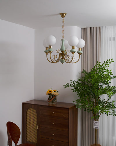 Aurorian Chandelier Green Shades Gold Curved Arms