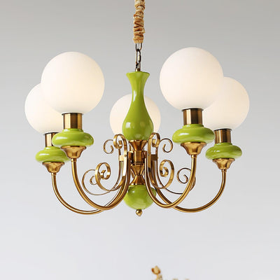Aurorian Chandelier Green Shades Gold Curved Arms