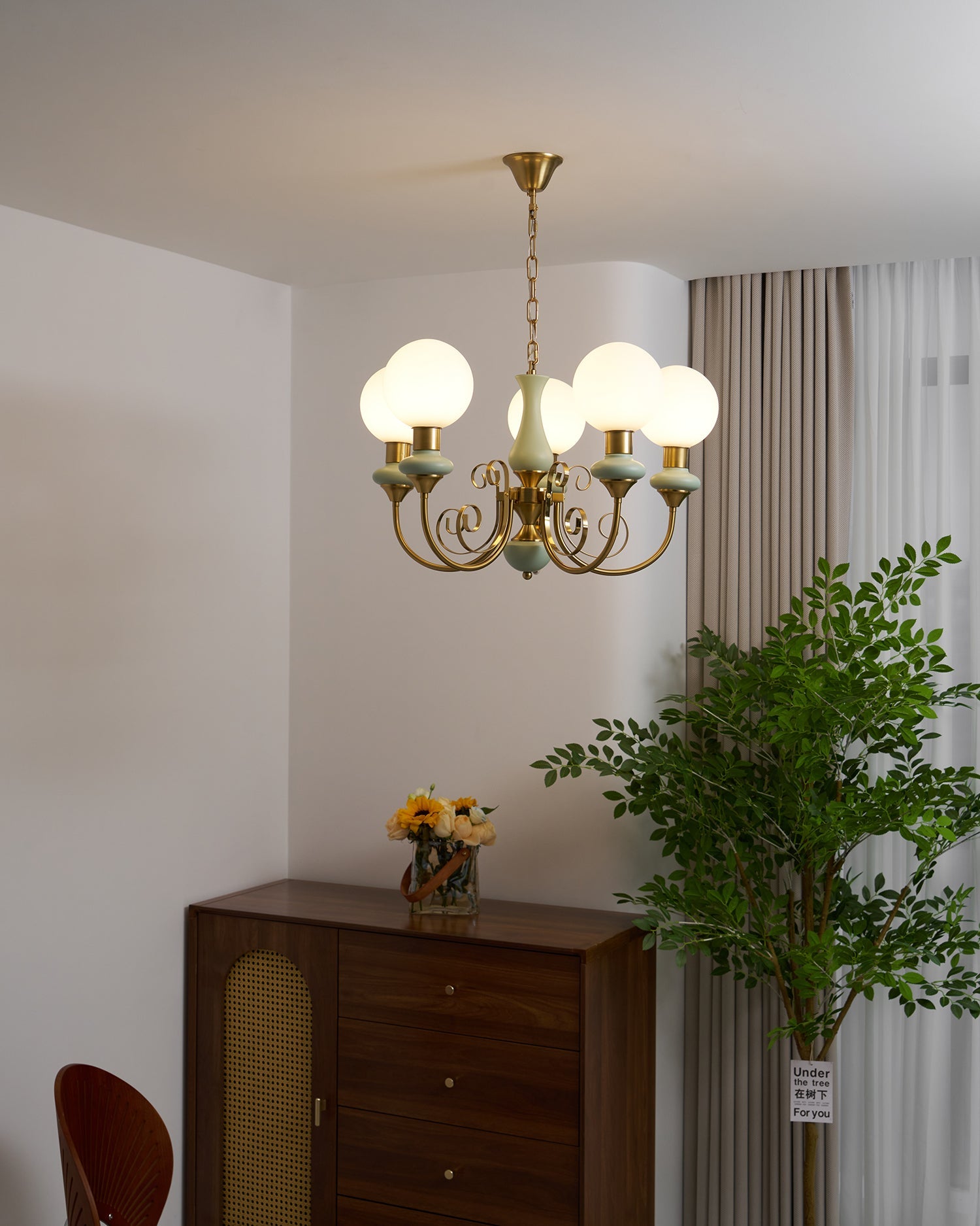 Aurorian Chandelier Green Shades Gold Curved Arms