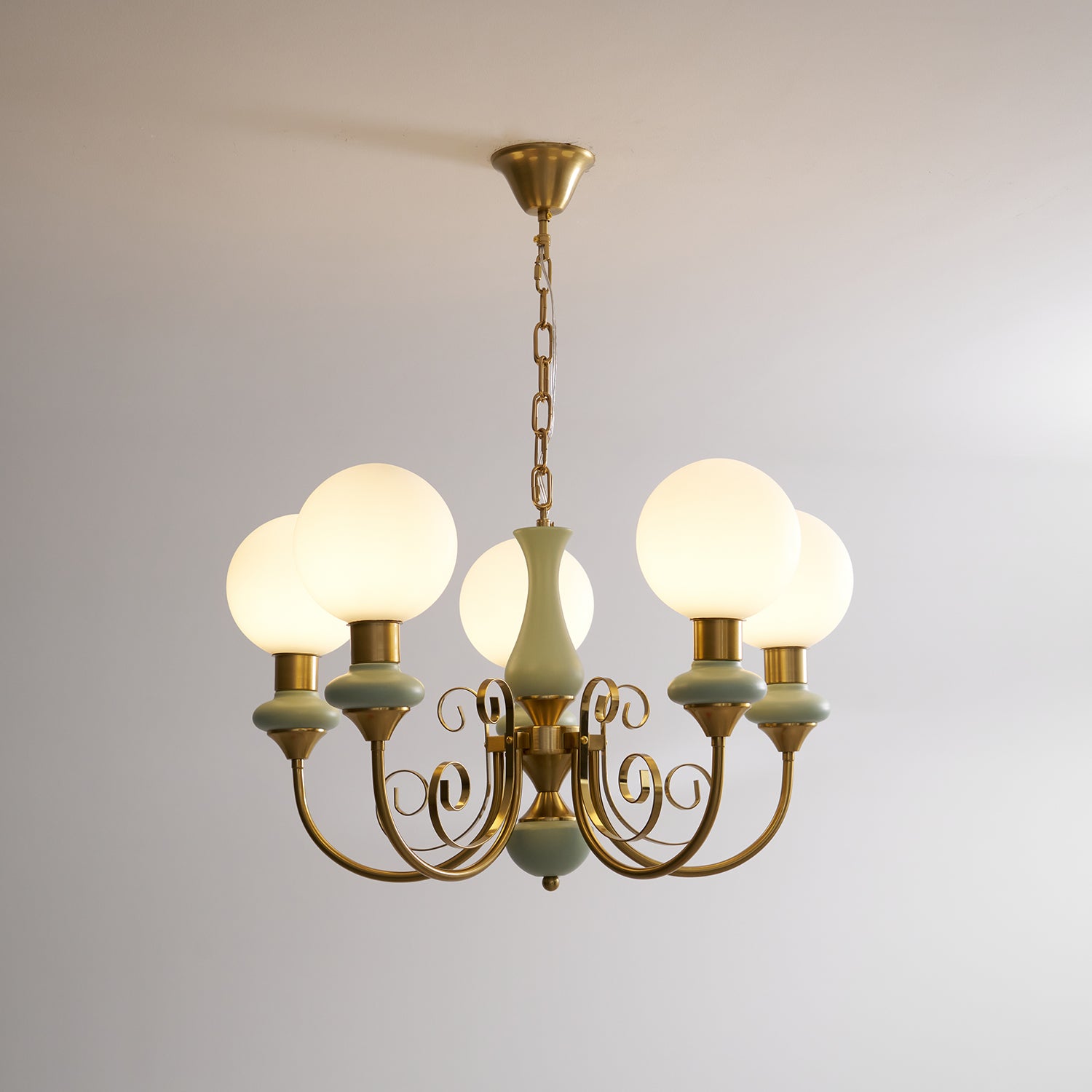 Aurorian Chandelier Green Shades Gold Curved Arms