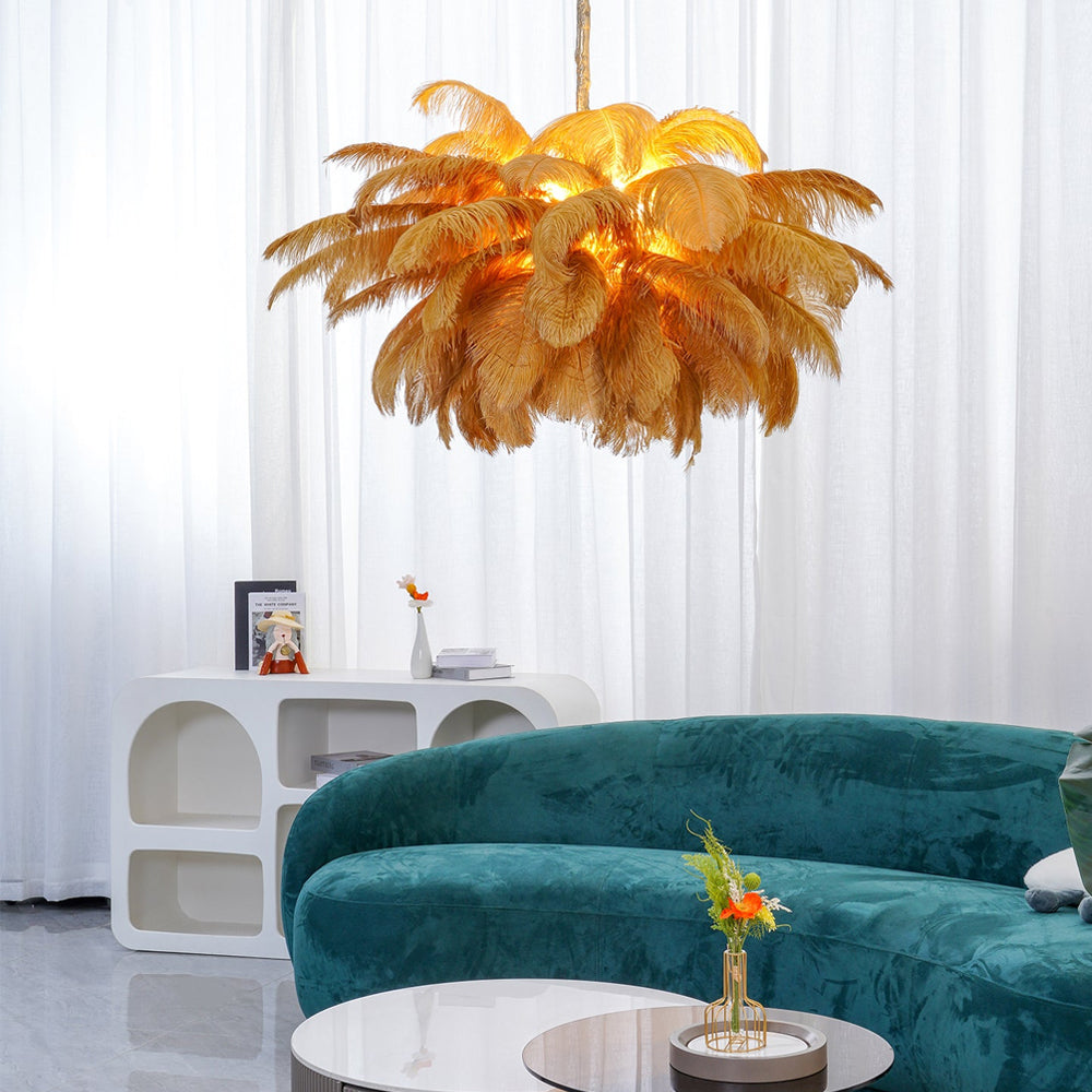 Auralira Chandelier Ostrich Feather Large Brass Stem