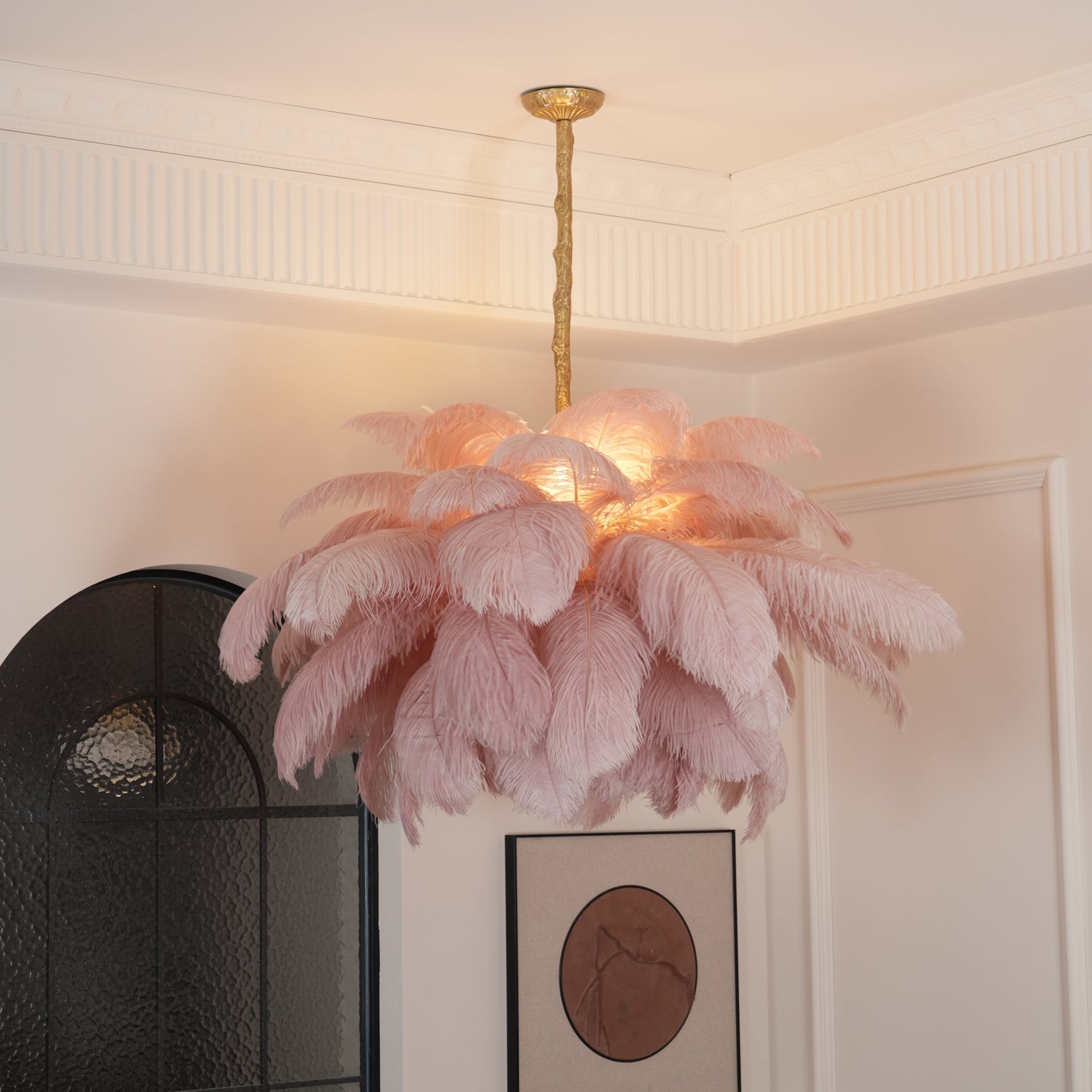 Auralira Chandelier Ostrich Feather Large Brass Stem