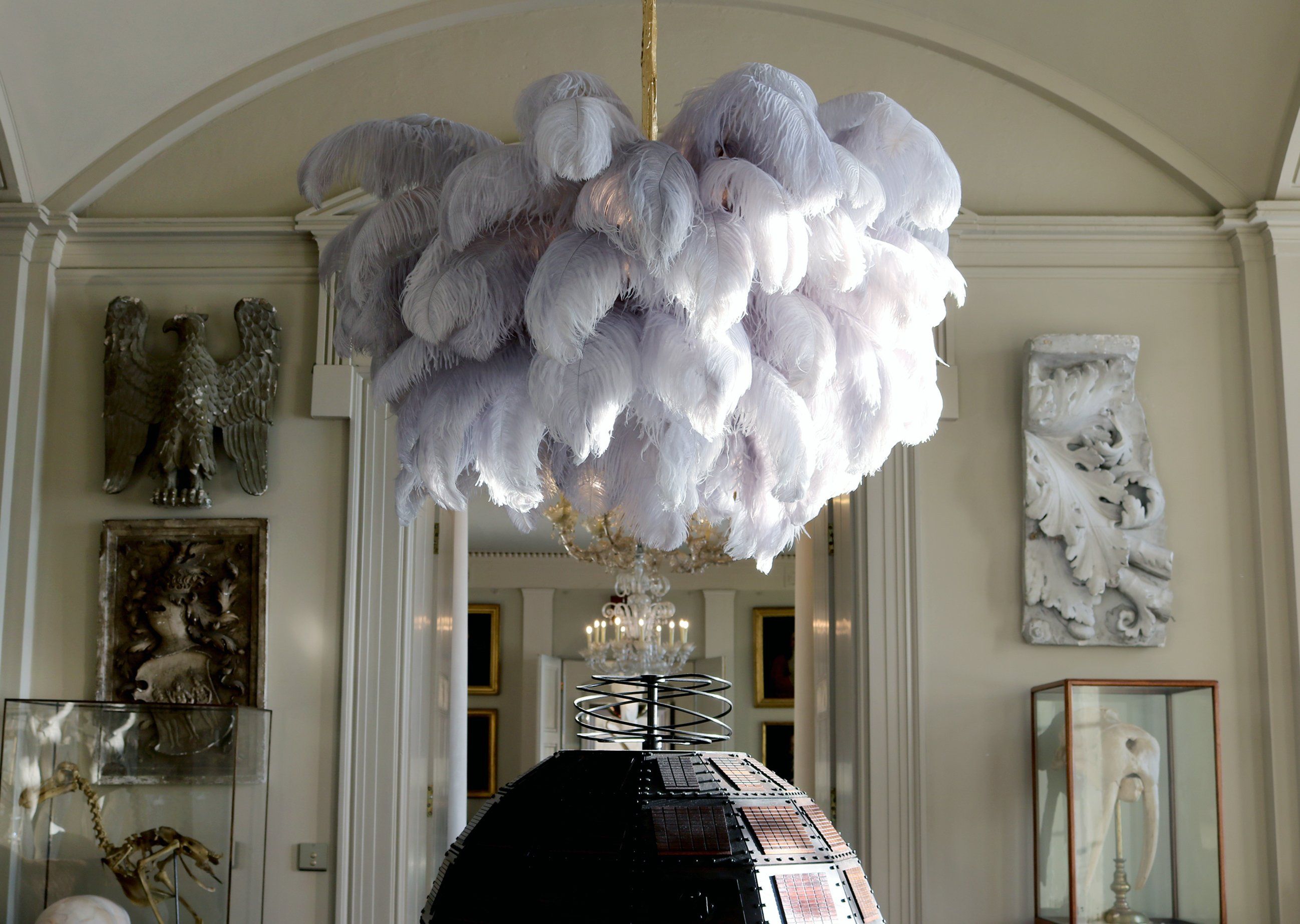 Auralira Chandelier Ostrich Feather Large Brass Stem