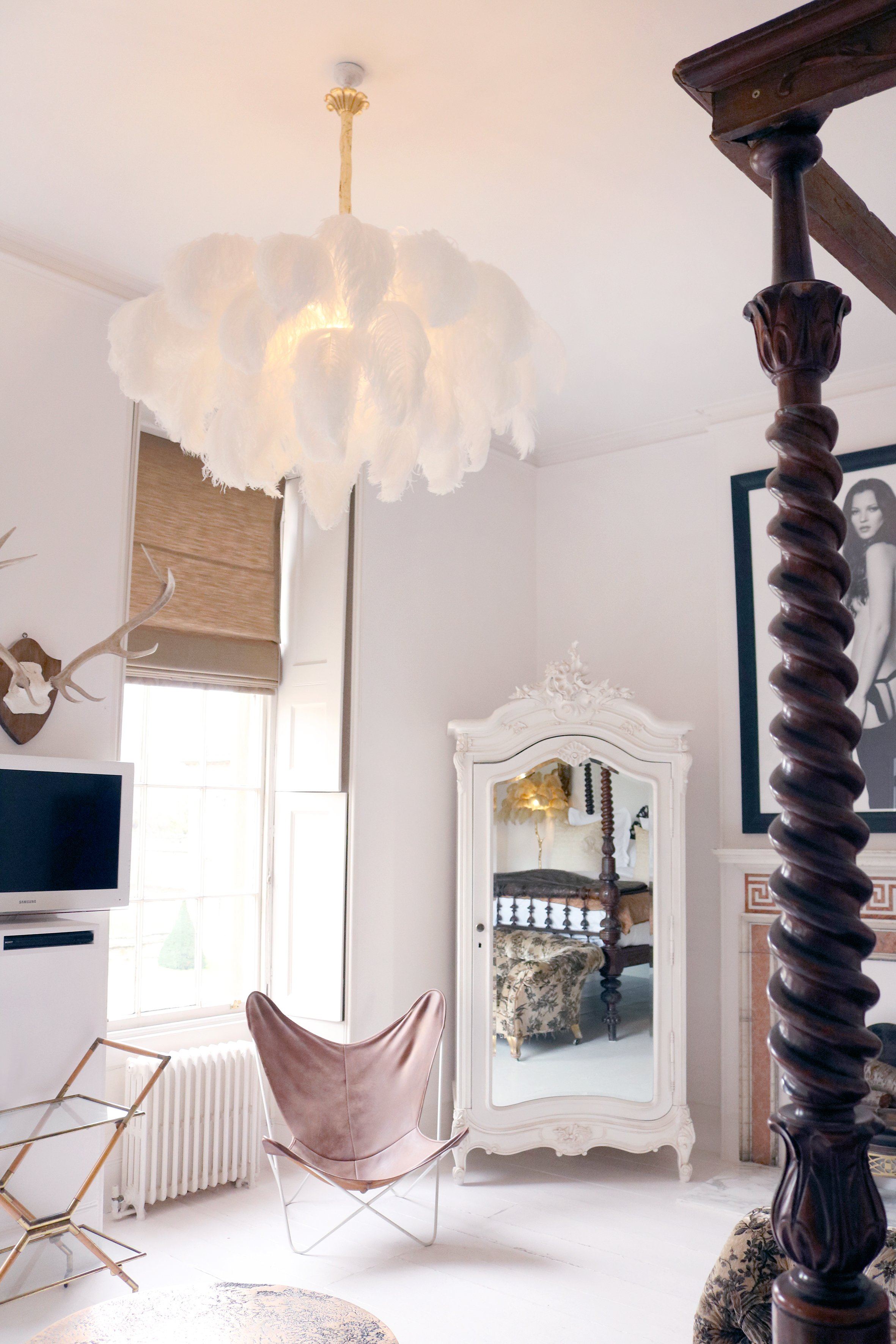 Auralira Chandelier Ostrich Feather Large Brass Stem
