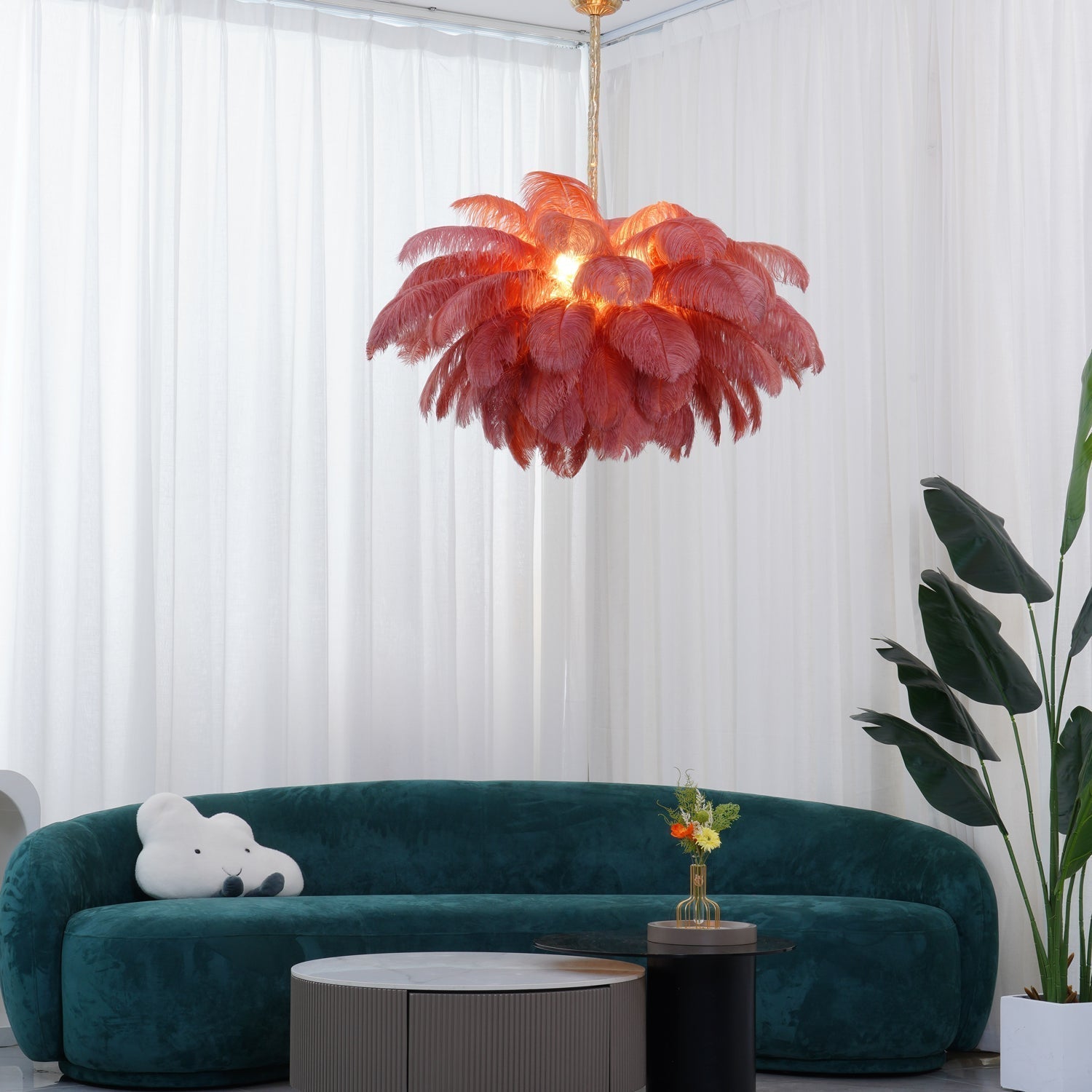 Auralira Chandelier Ostrich Feather Large Brass Stem