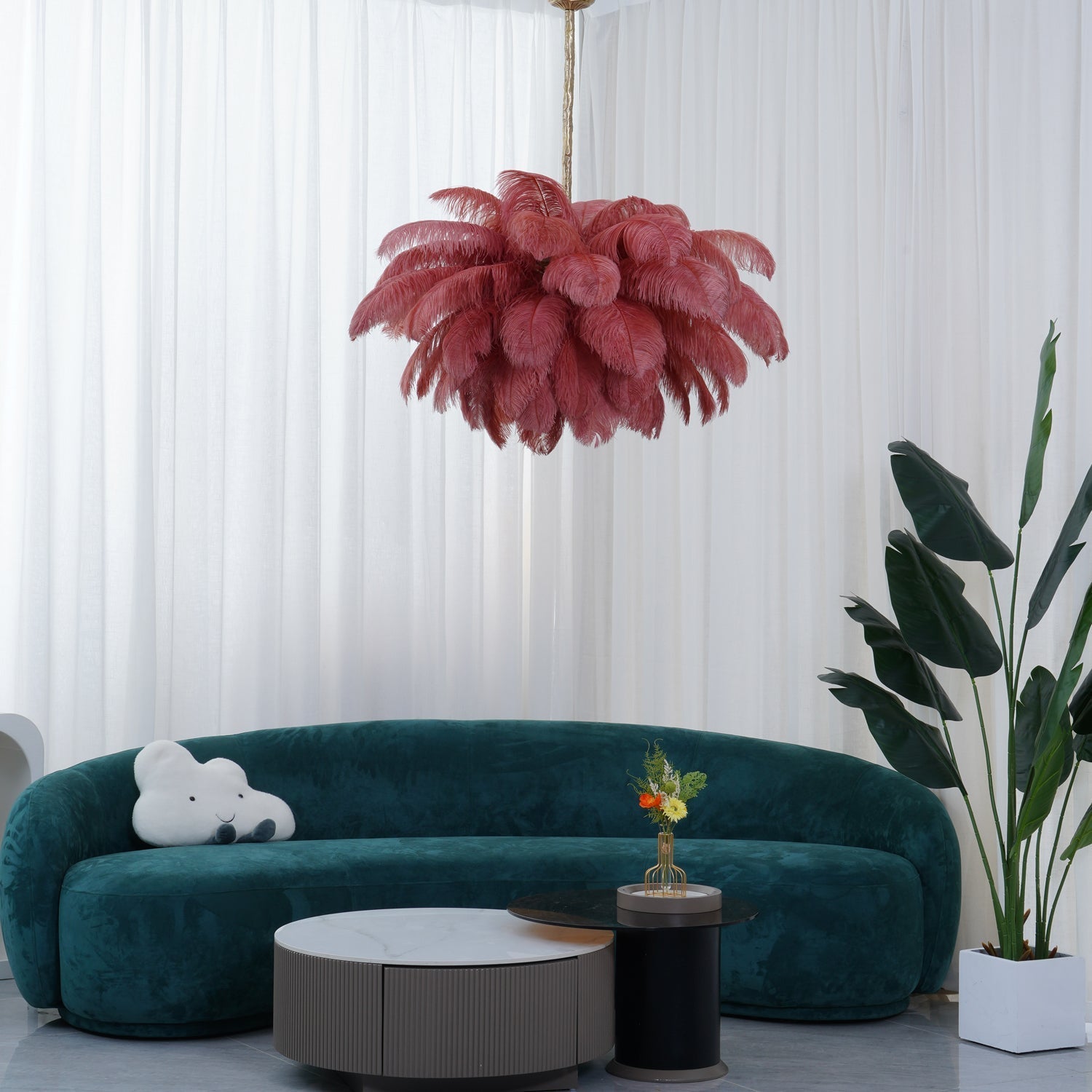 Auralira Chandelier Ostrich Feather Large Brass Stem