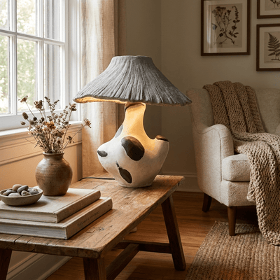 Pebble-Inlay Sculptural Plaster Table Lamp