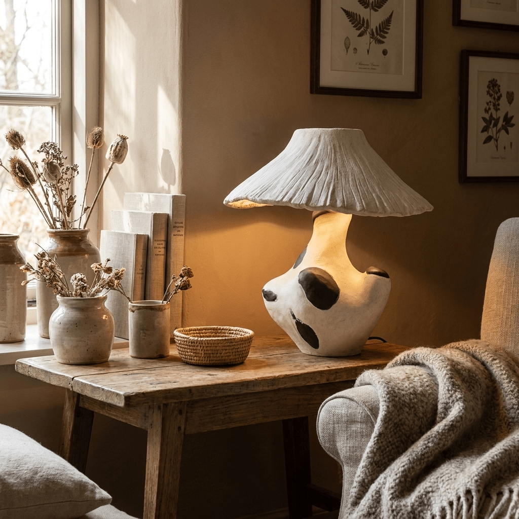 Pebble-Inlay Sculptural Plaster Table Lamp