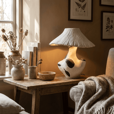 Pebble-Inlay Sculptural Plaster Table Lamp
