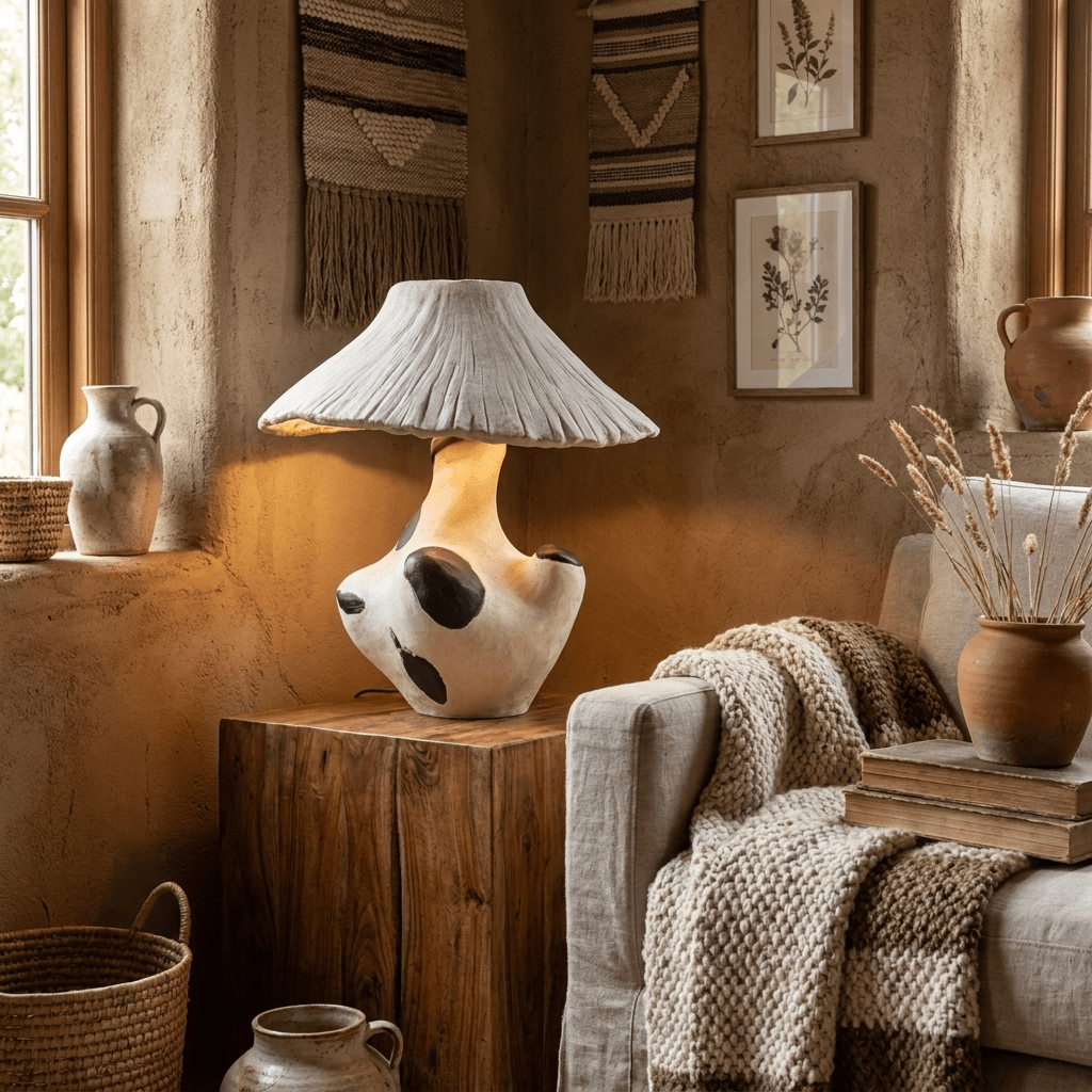 Pebble-Inlay Sculptural Plaster Table Lamp