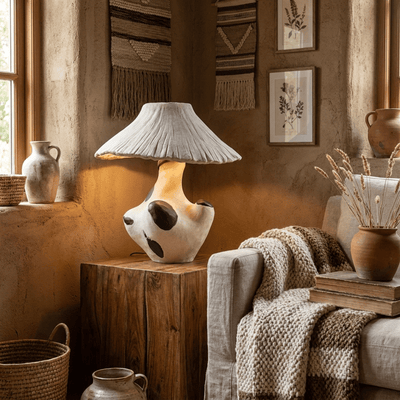 Pebble-Inlay Sculptural Plaster Table Lamp