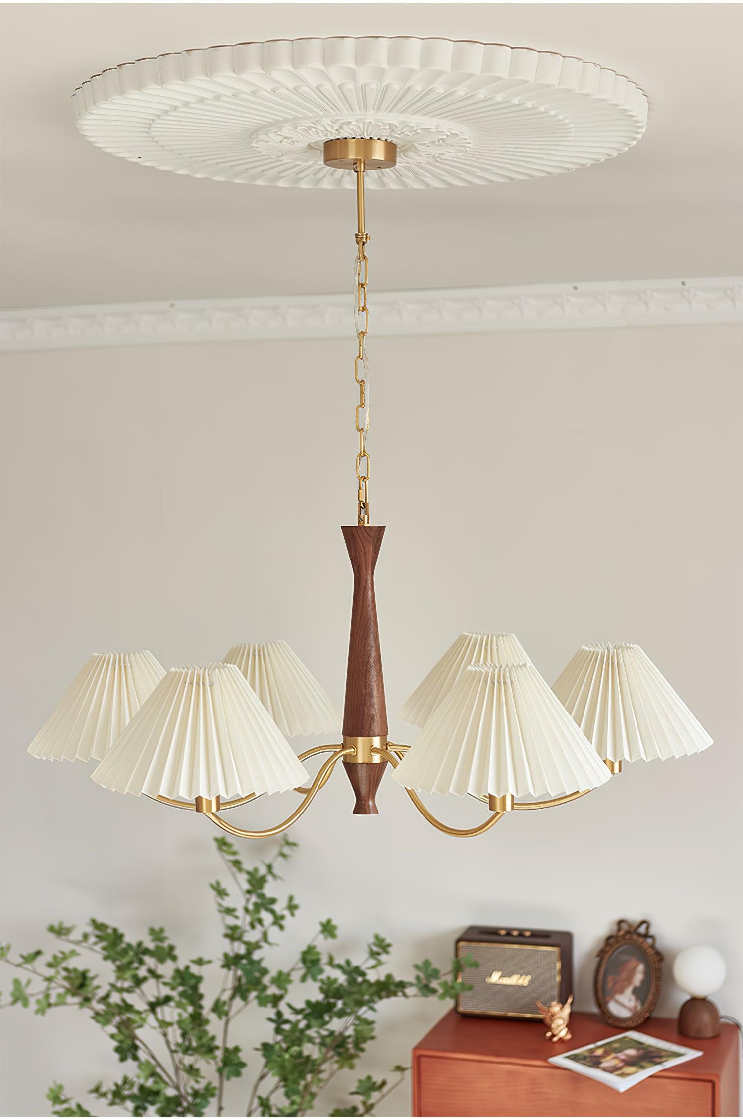 Calivine Chandelier Pleated with White Lampshades Mid-Century
