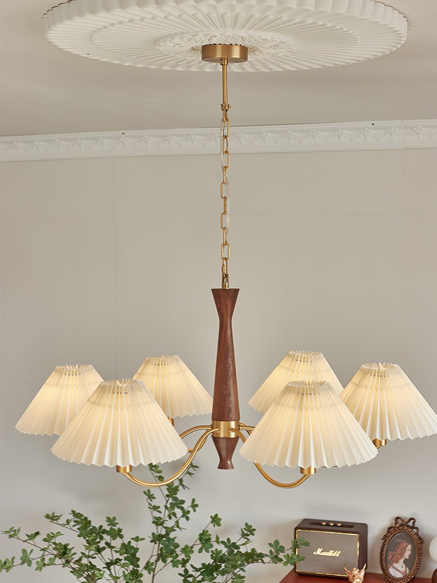 Calivine Chandelier Pleated with White Lampshades Mid-Century