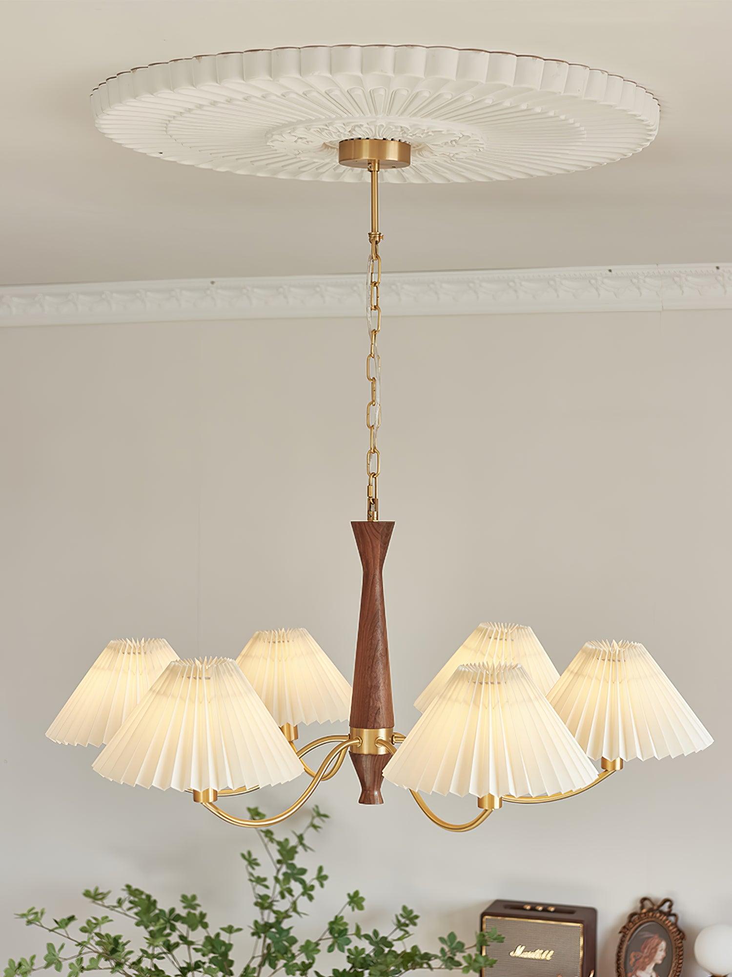 Calivine Chandelier Pleated with White Lampshades Mid-Century