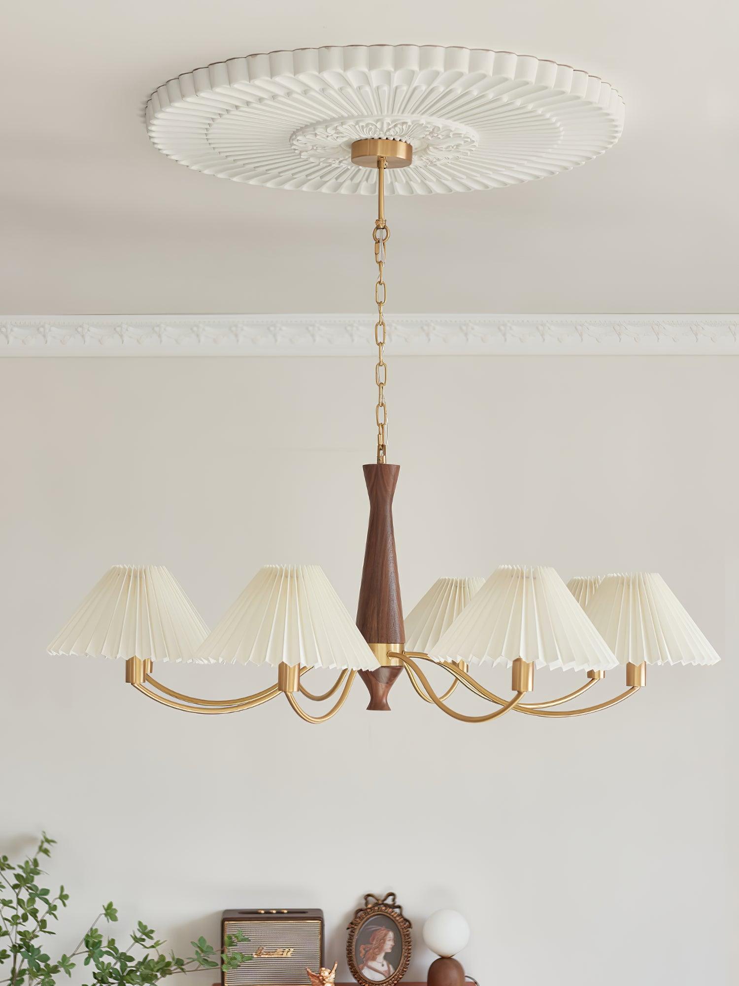 Calivine Chandelier Pleated with White Lampshades Mid-Century
