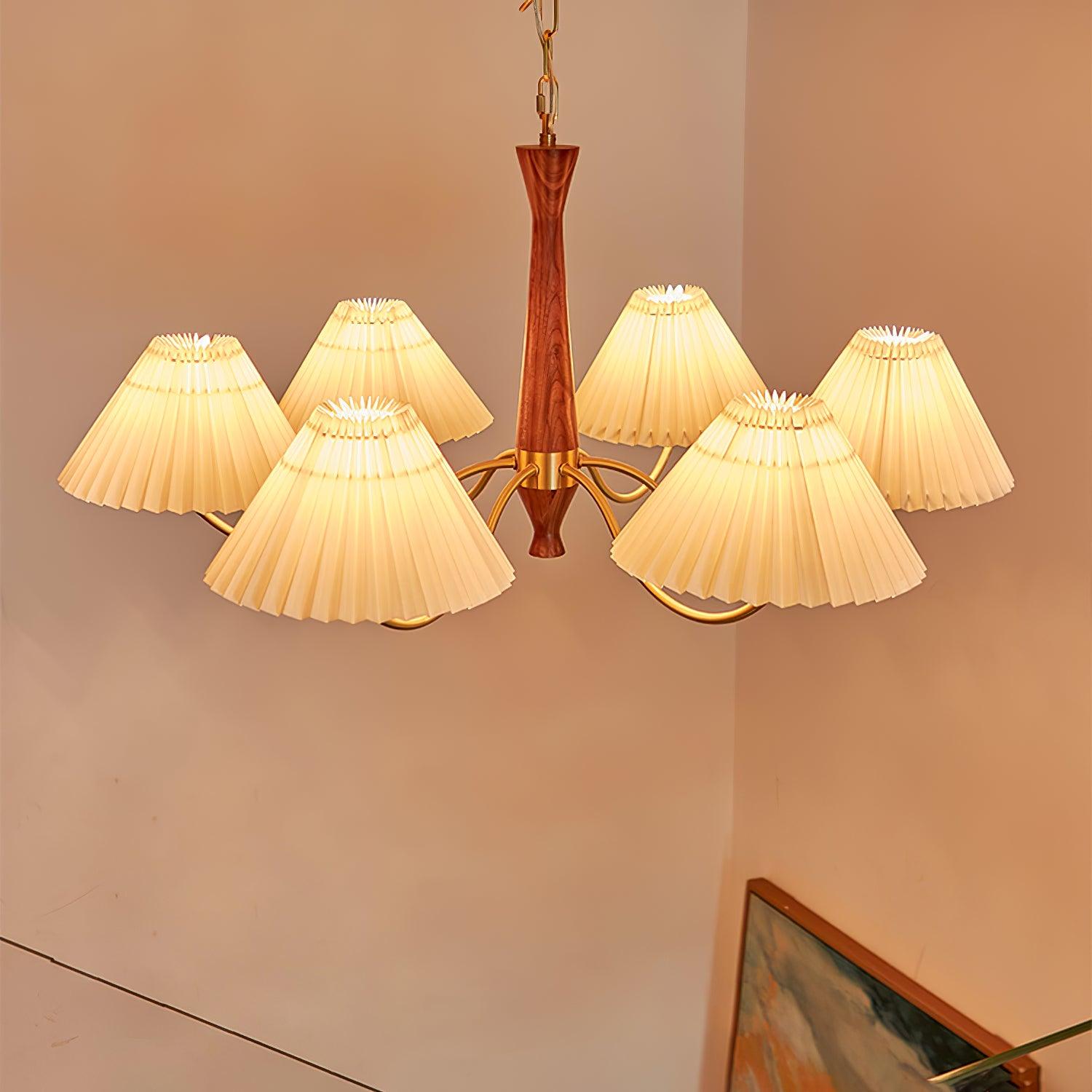 Calivine Chandelier Pleated with White Lampshades Mid-Century
