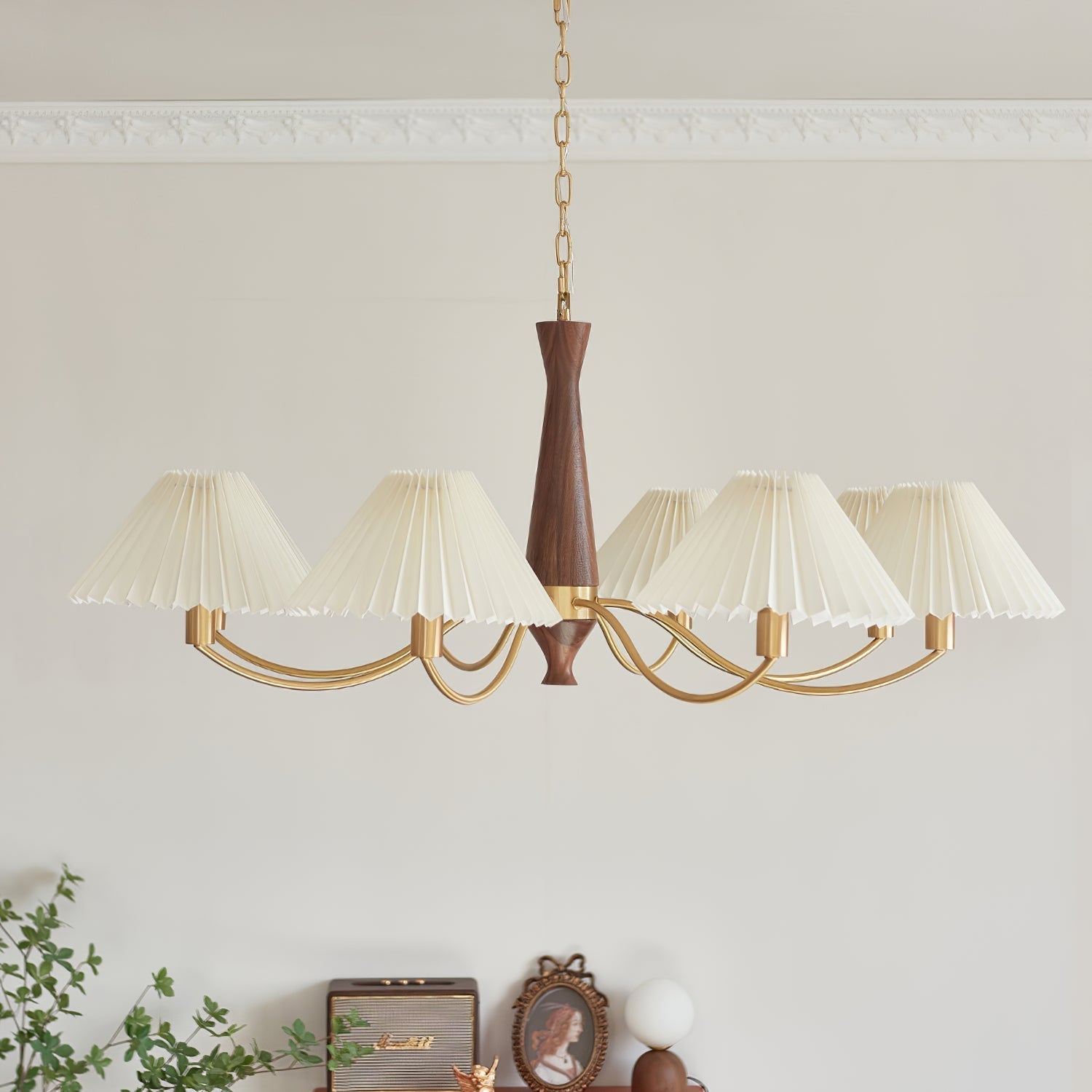 Calivine Chandelier Pleated with White Lampshades Mid-Century