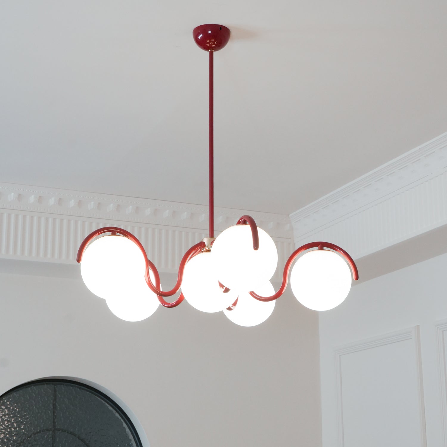 Eireine Chandelier White Glass Globes Curved Frame