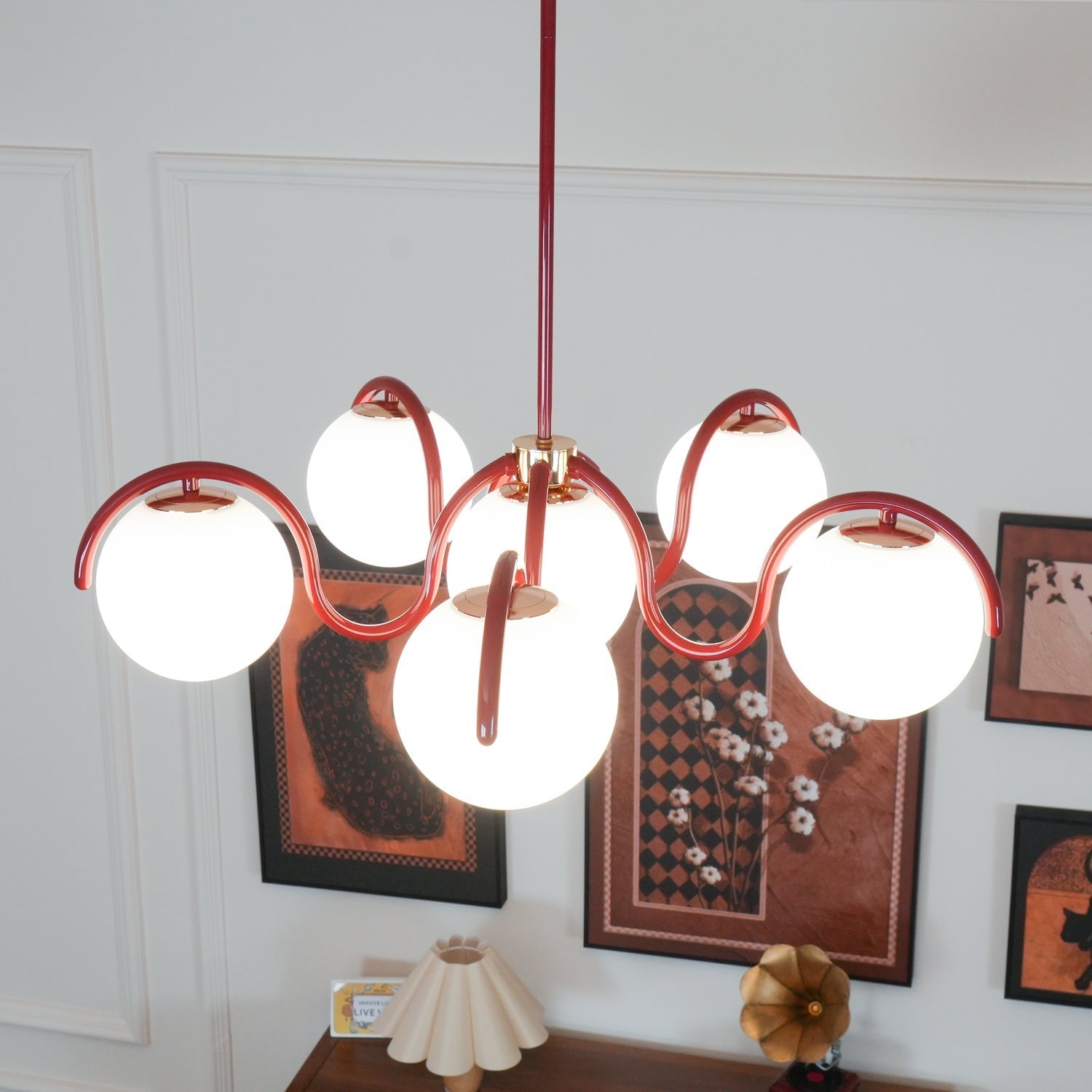 Eireine Chandelier White Glass Globes Curved Frame
