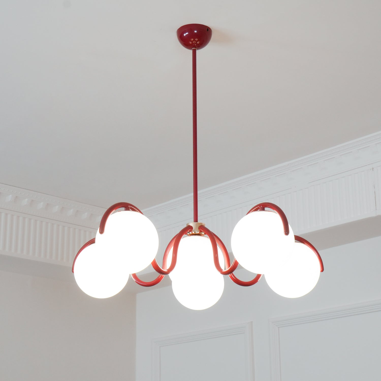 Eireine Chandelier White Glass Globes Curved Frame