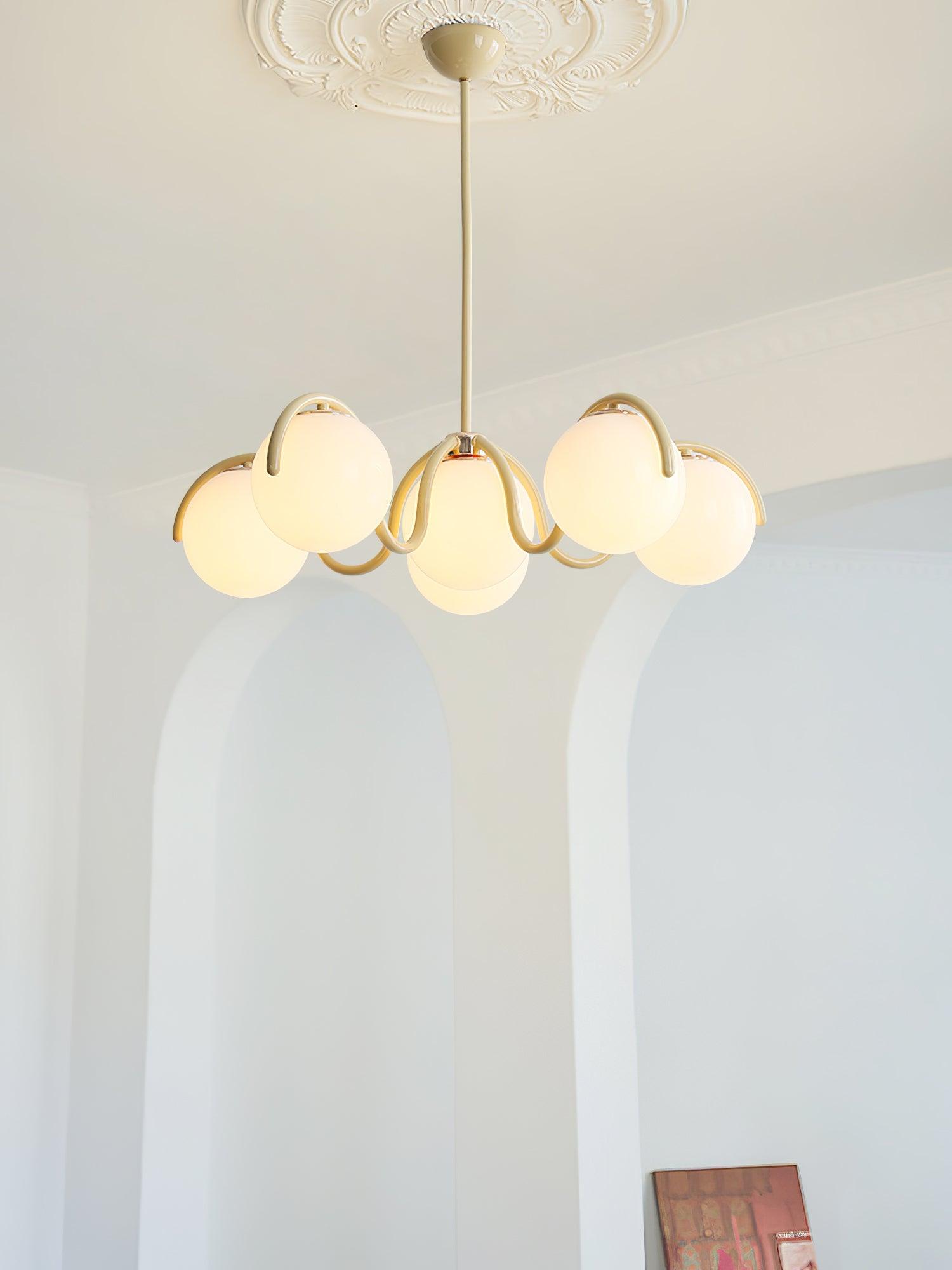 Eireine Chandelier White Glass Globes Curved Frame
