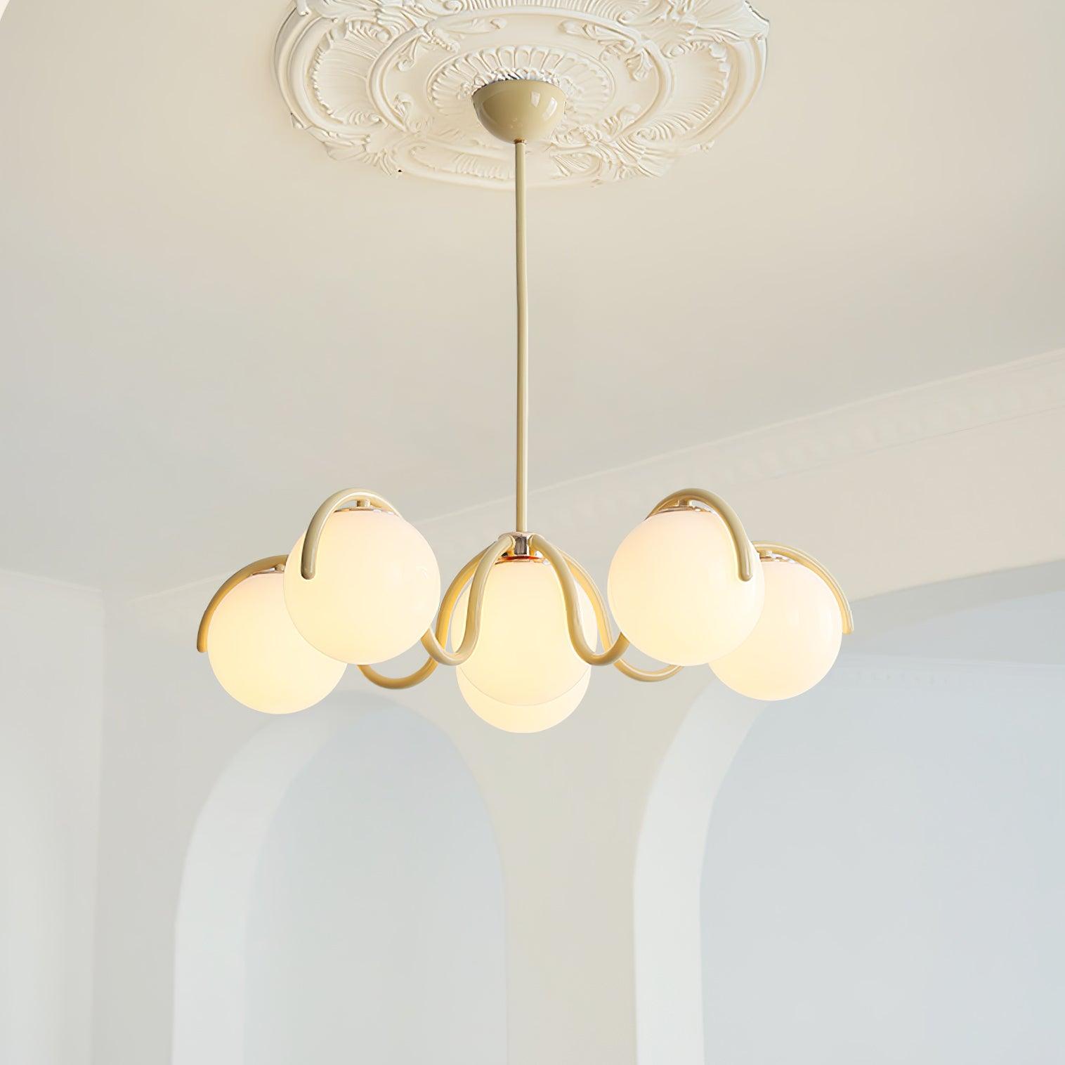 Eireine Chandelier White Glass Globes Curved Frame